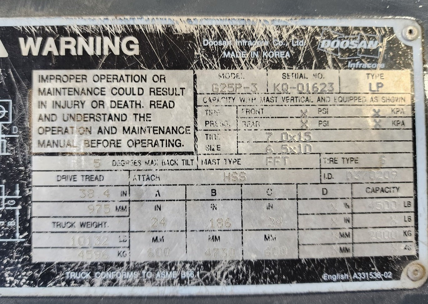 Doosan G25P 5,000 Capacity LPG Forklift