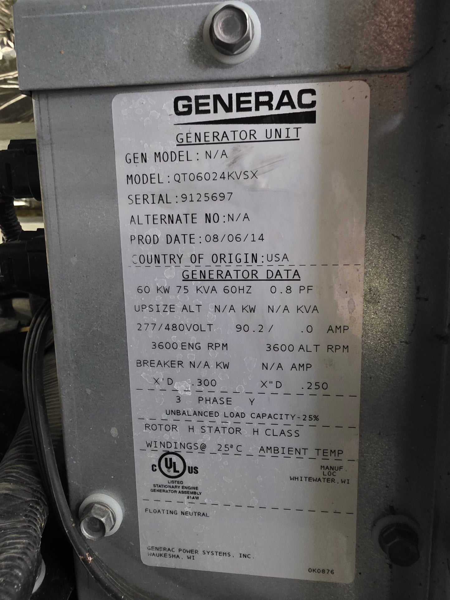 Generac QT06024KVSX 60kW Standby Generator