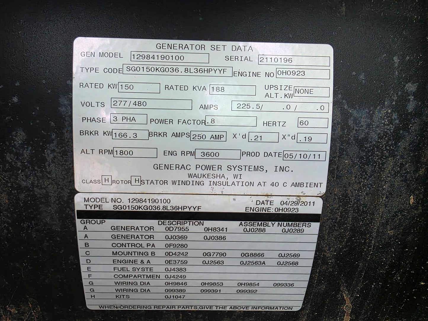 2012 Generac SG150 Generator